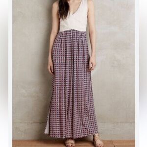 Anthropologie Pink Print Tan Blue Maeve Stretchy Colorblock Elysian Maxi Dress